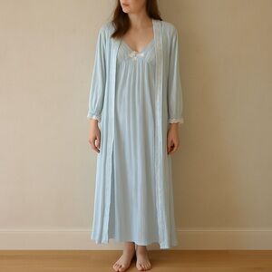 NWT Vintage 70s 80s Baby Blue Pleated Nightgown & Robe Set